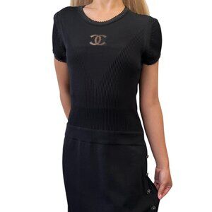 CHANEL Vintage P37829 CC Button Rib Knit Dress One-piece Black #38 [106080]